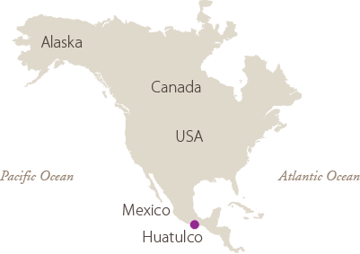 Map of North America showing location of Huatulco, Mexico.